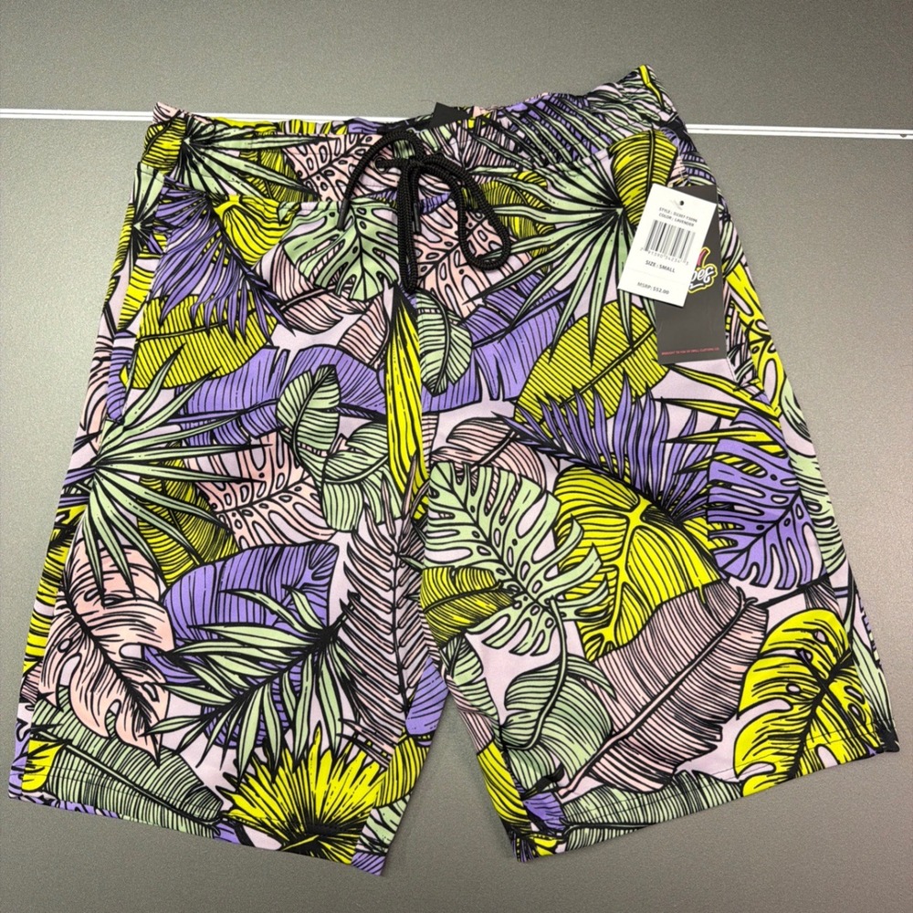 Good Vibes Drill Clothing Co Small Tropical Palm Leaf Shorts Lavender/Green NWT - Picture 1 of 6
